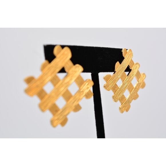 Vintage Dangle Weaved Earrings Brushed Shiny Gold Textured Chunky 1980s BinAY - Picture 5 of 12